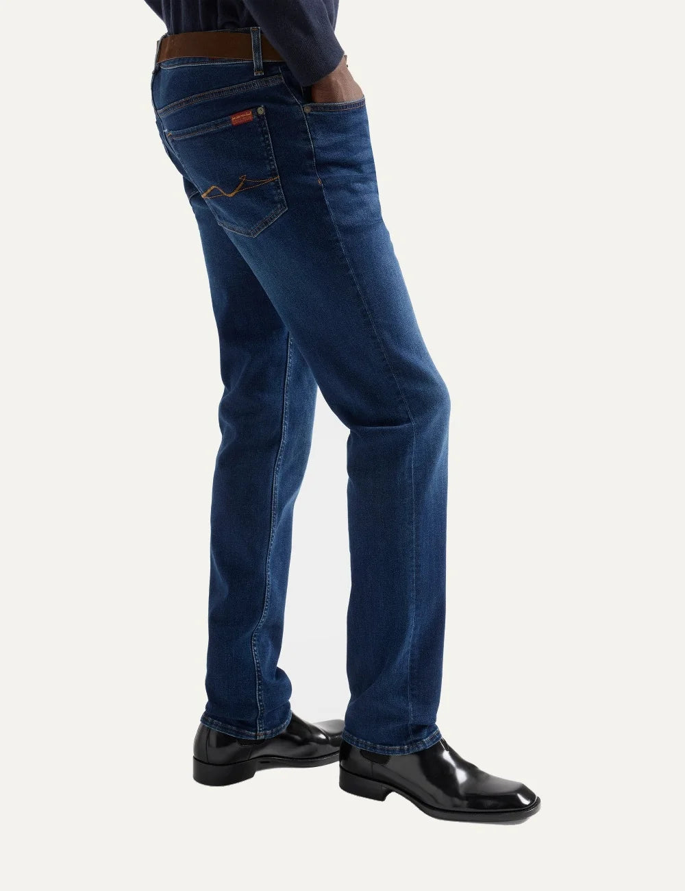7 For All Mankind men Slimmy dark blue slim fit jeans with whiskering and faded details side