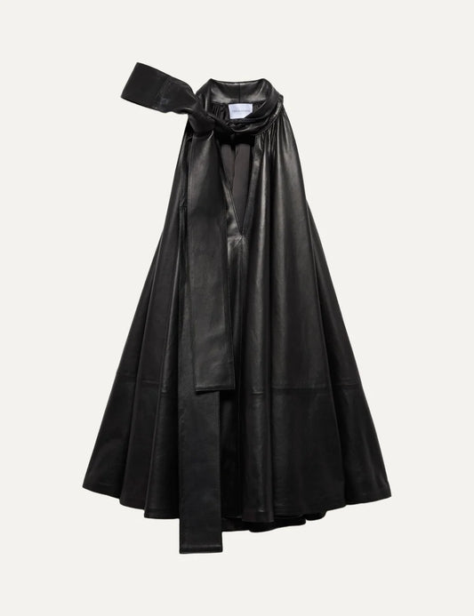7 For All Mankind women black leather-look sleeveless mini dress with neck tie and frilled hem