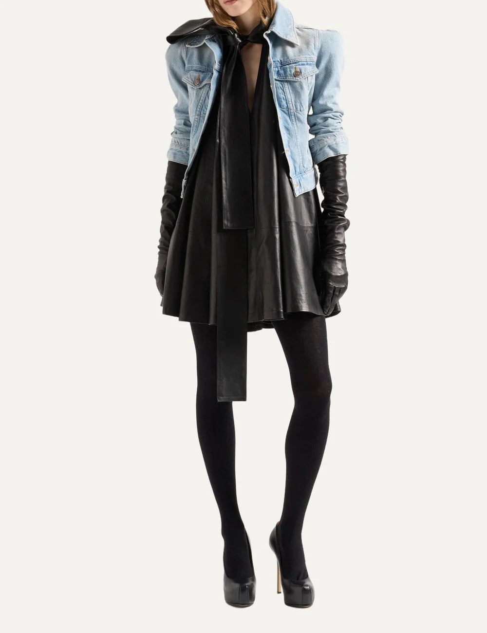 7 For All Mankind women black leather-look sleeveless mini dress with neck tie and frilled hem full body