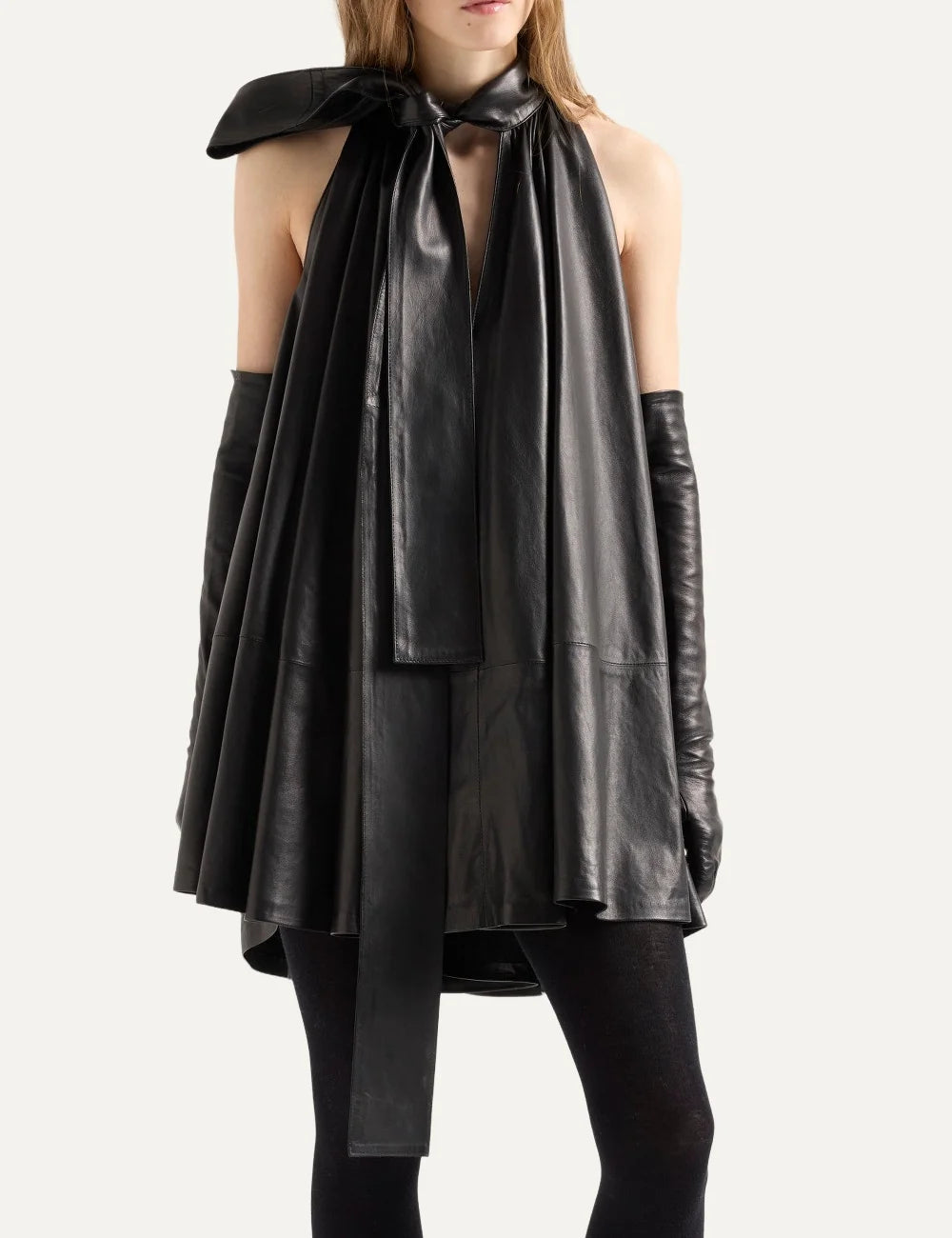 7 For All Mankind women black leather-look sleeveless mini dress with neck tie and frilled hem model