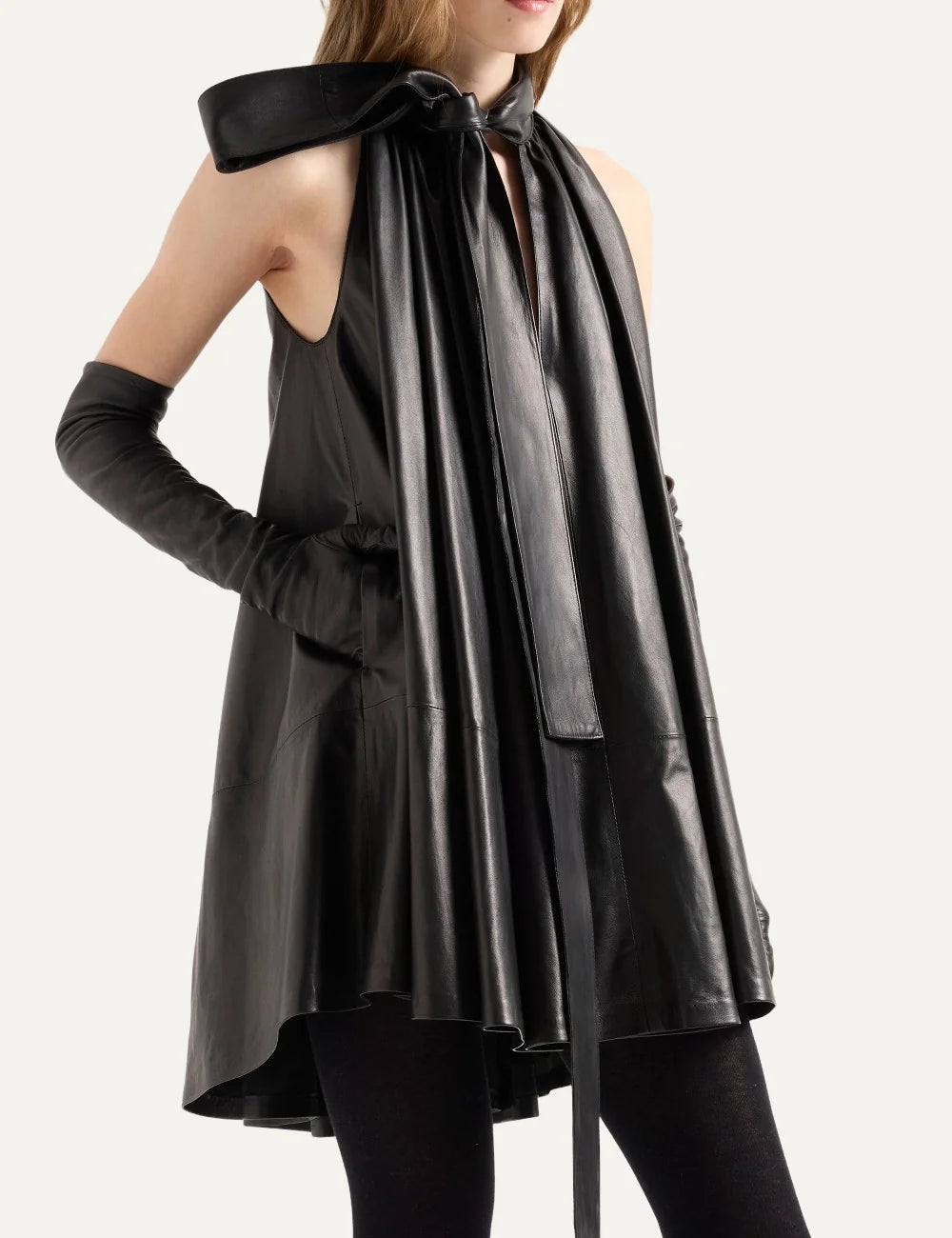 7 For All Mankind women black leather-look sleeveless mini dress with neck tie and frilled hem side