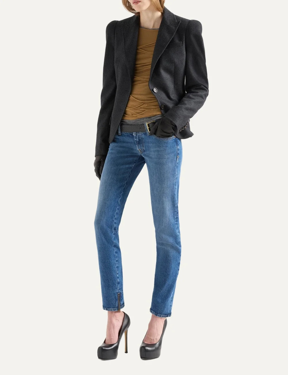 7 For All Mankind women dark grey tailored blazer with structured high shoulders and notched lapels full body