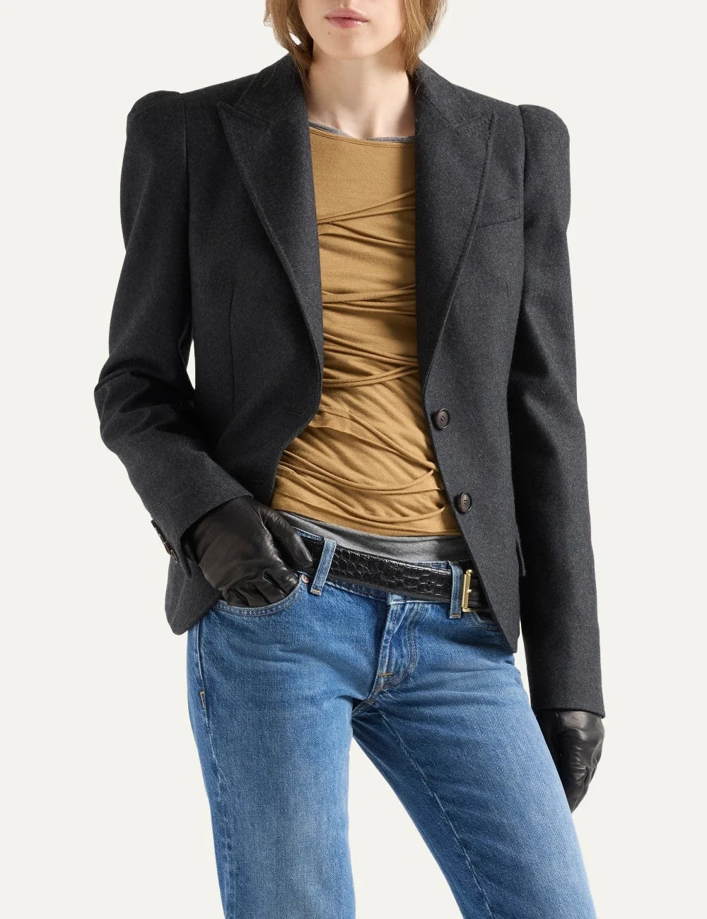 7 For All Mankind women dark grey tailored blazer with structured high shoulders and notched lapels model