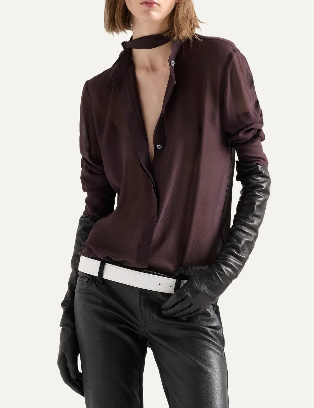 7 For All Mankind women Bordeaux silk long sleeve shirt with neck tie detail model