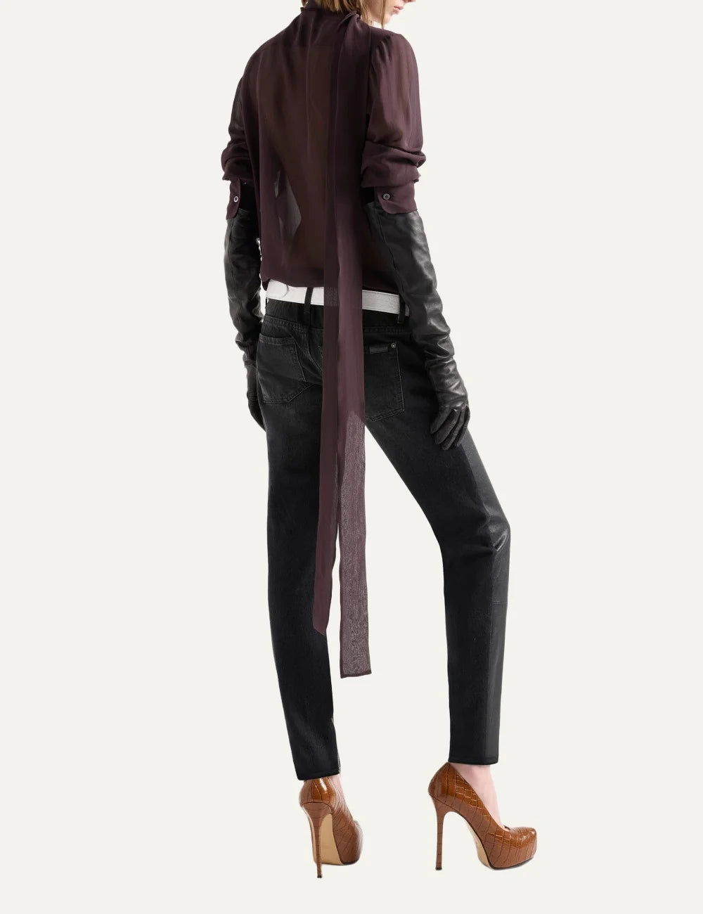 7 For All Mankind women Bordeaux silk long sleeve shirt with neck tie detail back