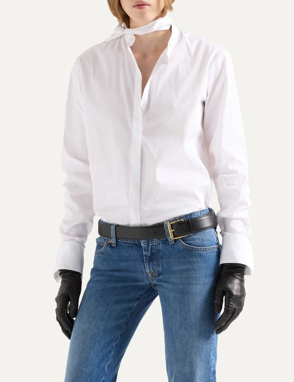 7 For All Mankind women white long sleeve shirt with neck tie detail model