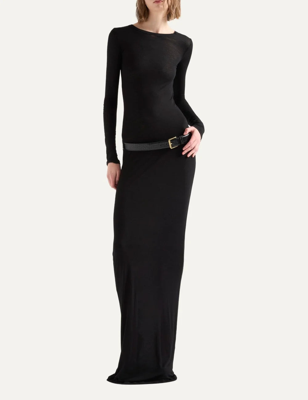 7 For All Mankind women black fitted long sleeve maxi column dress full body