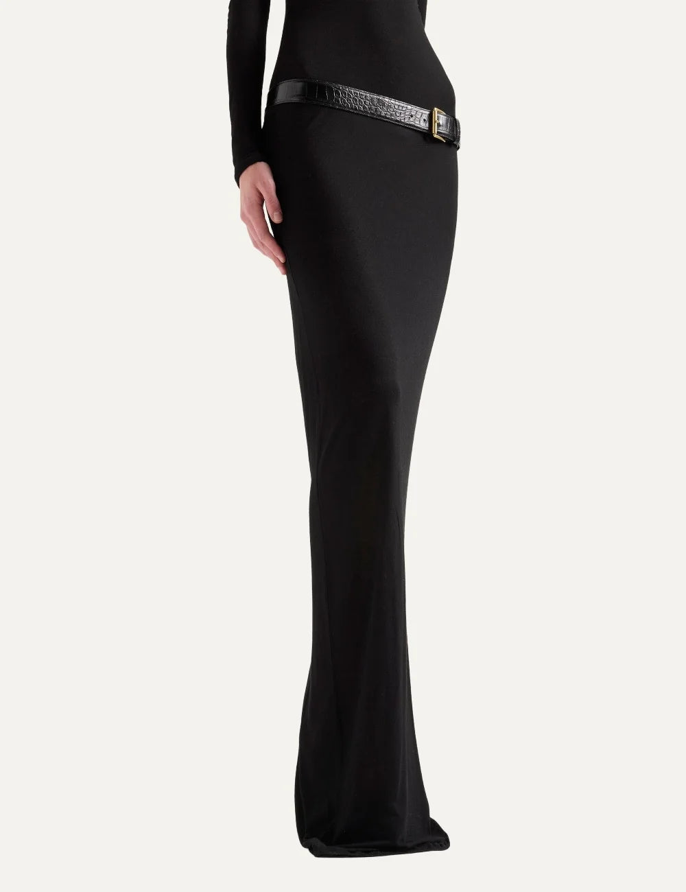 7 For All Mankind women black fitted long sleeve maxi column dress detail