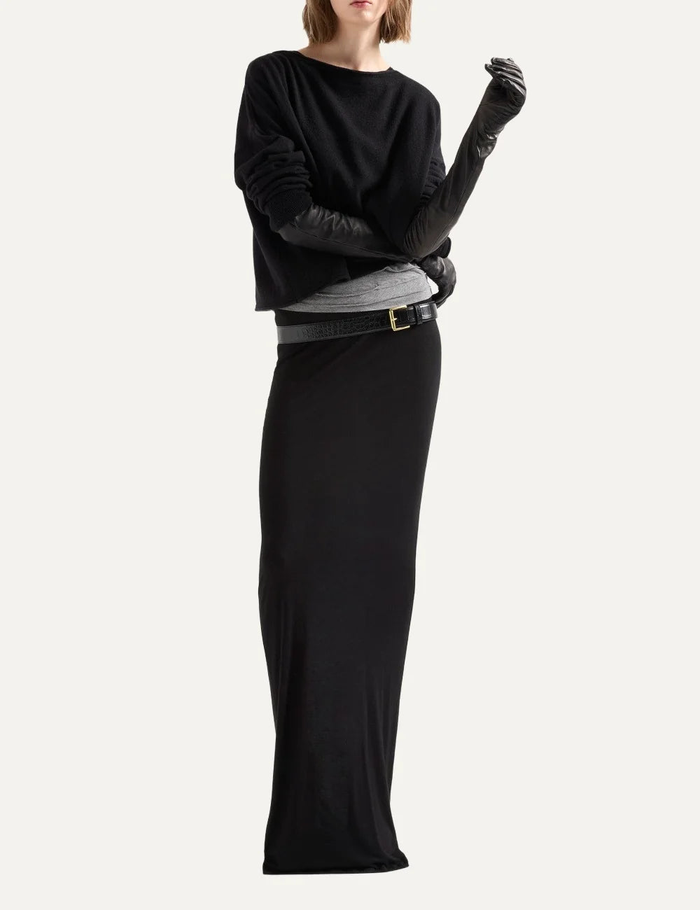 7 For All Mankind women black fitted long sleeve maxi column dress model