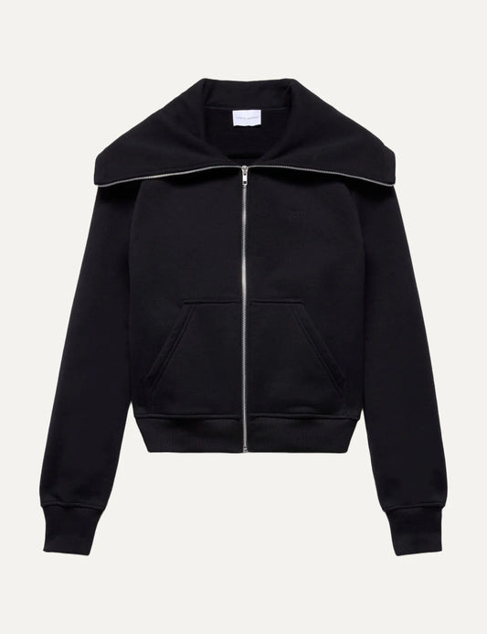 7 For All Mankind women black cropped cotton zip hoodie with high neck and embroidered logo