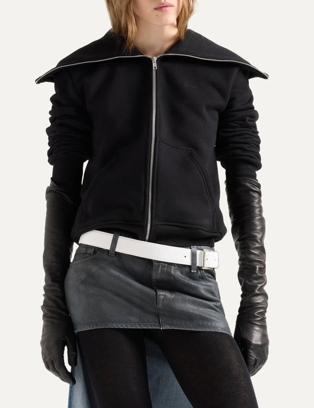 7 For All Mankind women black cropped cotton zip hoodie with high neck and embroidered logo model