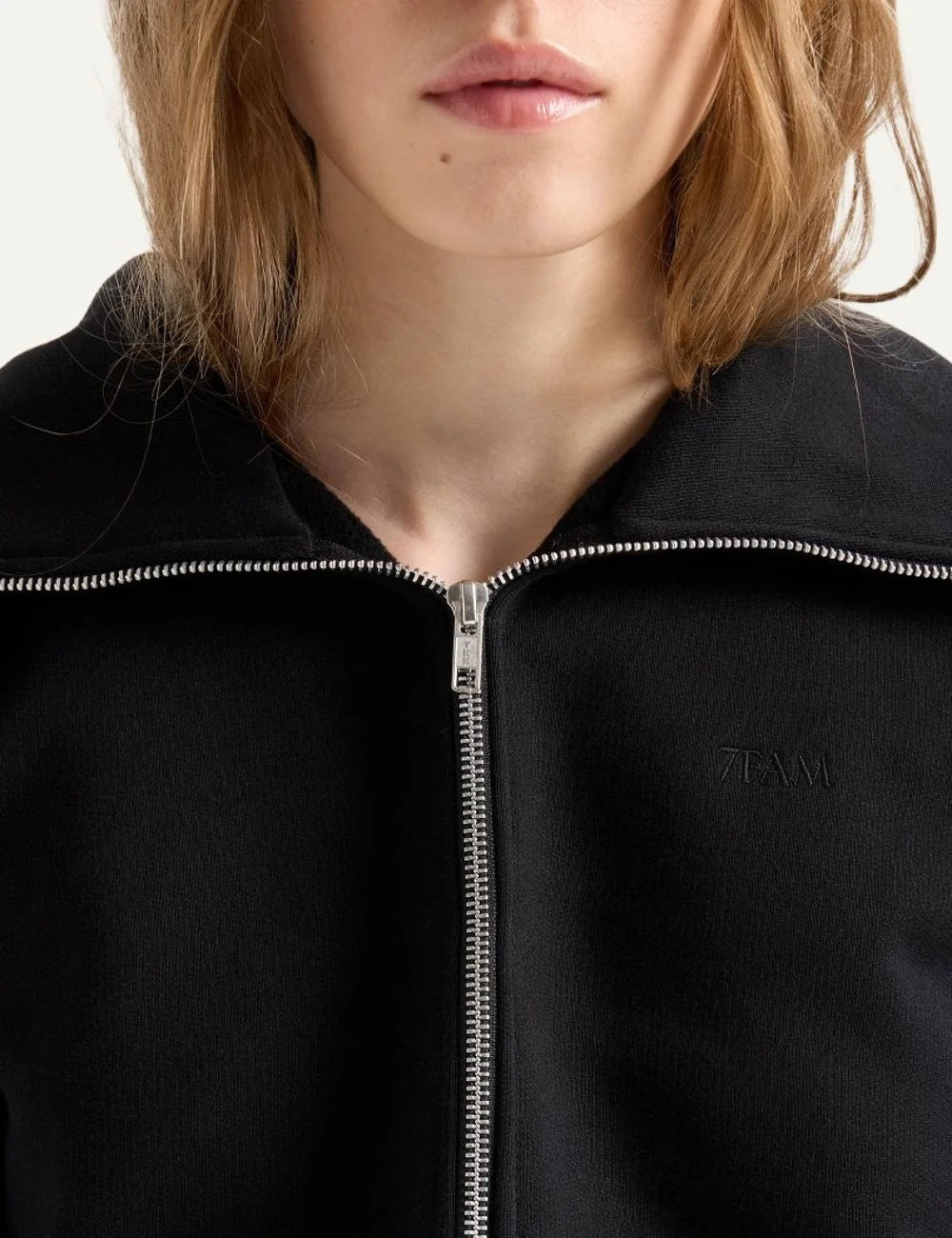7 For All Mankind women black cropped cotton zip hoodie with high neck and embroidered logo detail