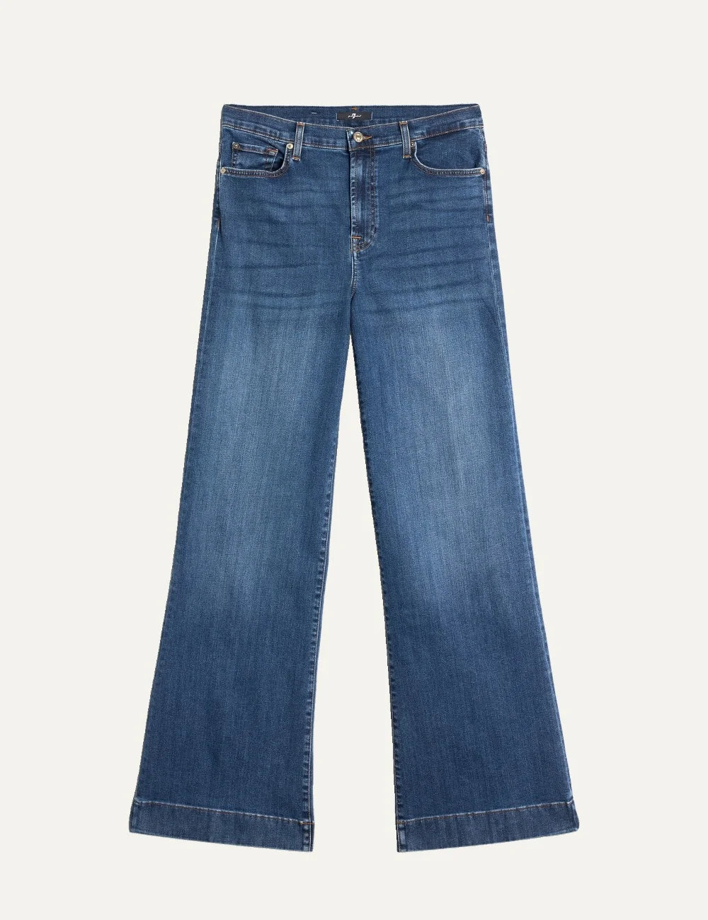 7 For All Mankind women light wash high-rise wide flare jeans with subtle whiskering and faded details