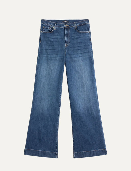 7 For All Mankind women light wash high-rise wide flare jeans with subtle whiskering and faded details