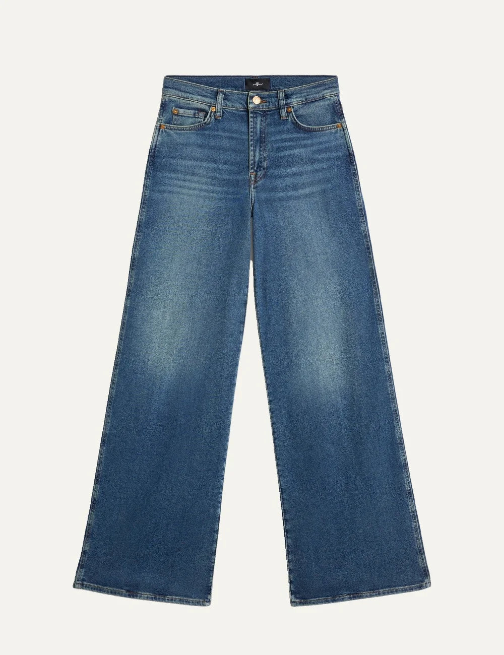 7 For All Mankind women medium wash high-rise wide-leg jeans with subtle whiskering and faded details