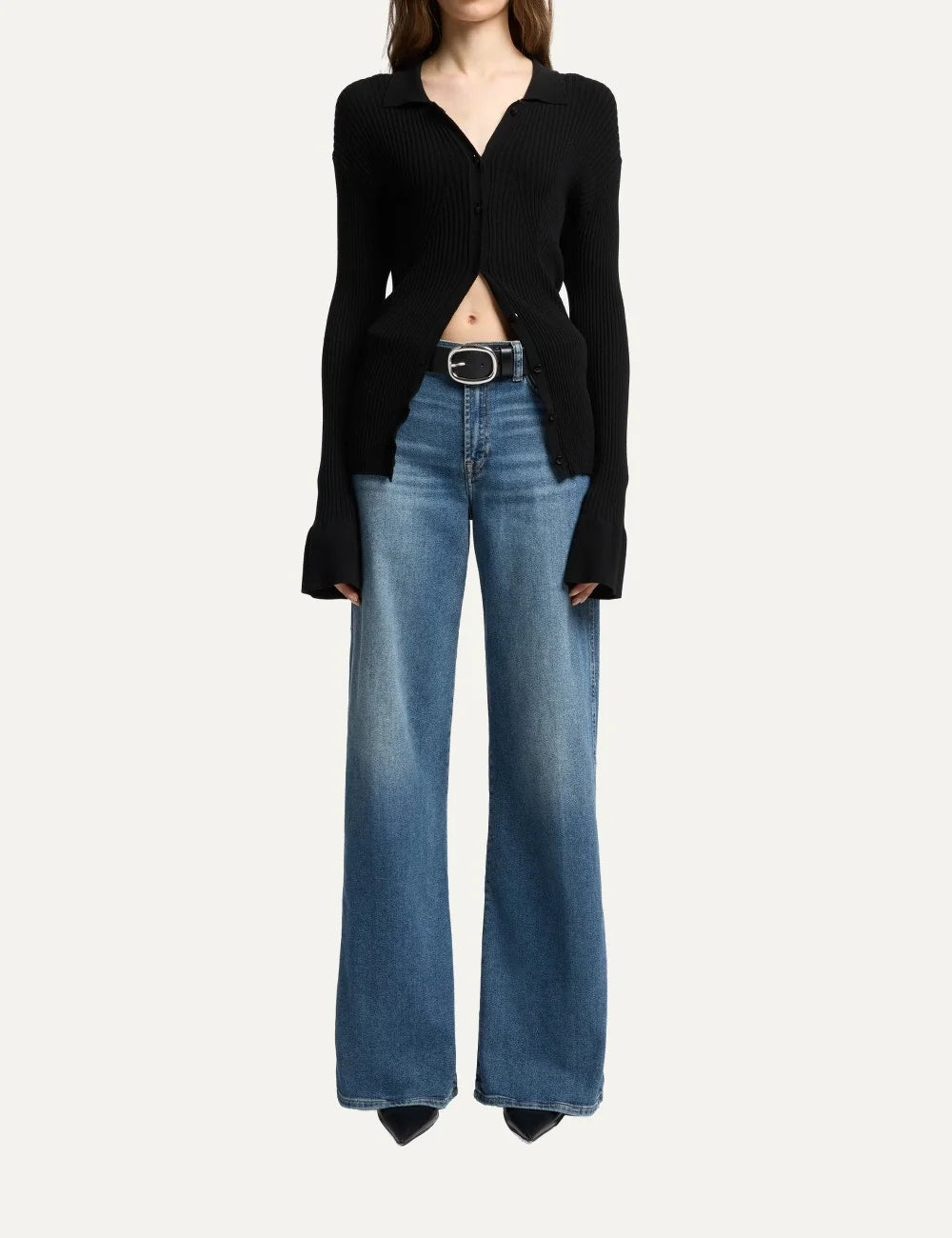 7 For All Mankind women medium wash high-rise wide-leg jeans with subtle whiskering and faded details full body