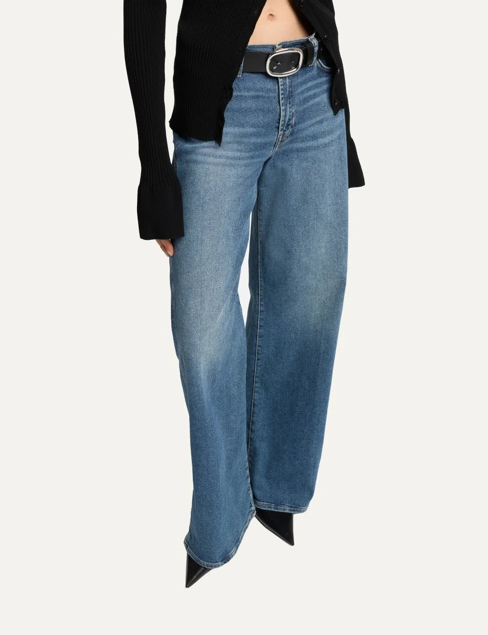 7 For All Mankind women medium wash high-rise wide-leg jeans with subtle whiskering and faded details top