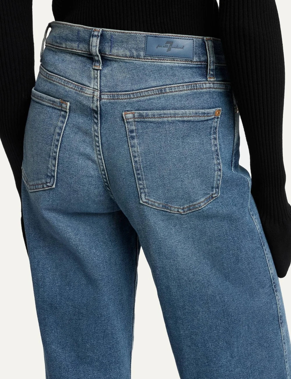 7 For All Mankind women medium wash high-rise wide-leg jeans with subtle whiskering and faded details back