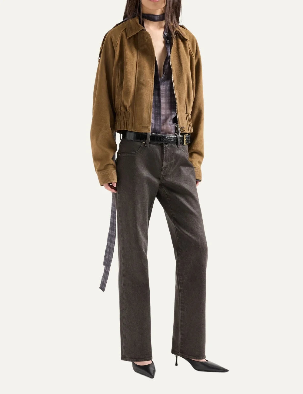 7 For All Mankind women brown straight-leg jeans with leather-look vintage finish full body