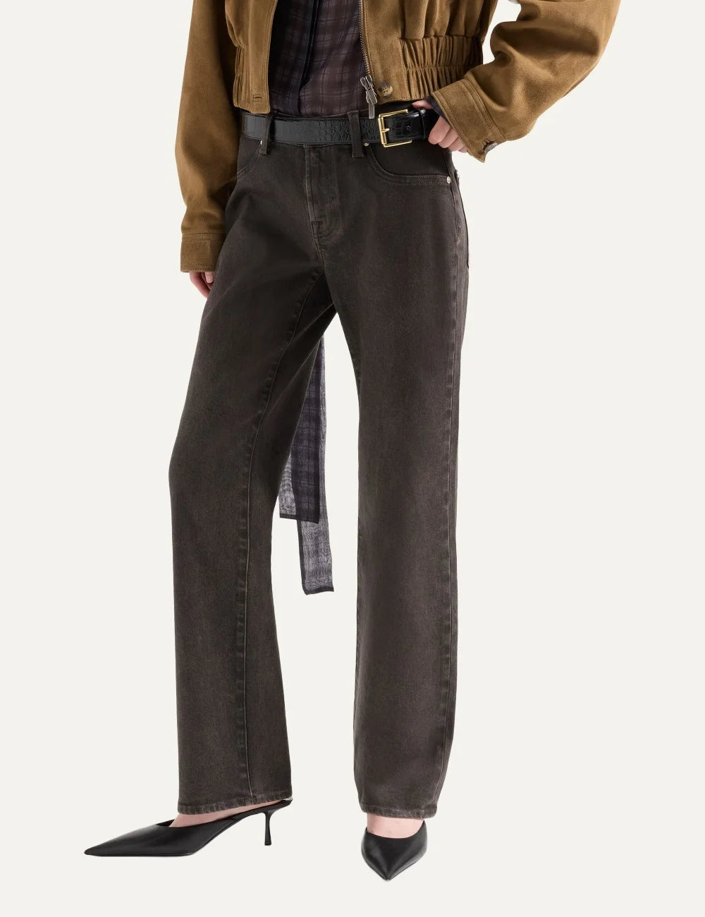 7 For All Mankind women brown straight-leg jeans with leather-look vintage finish model