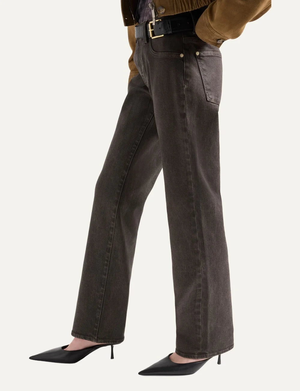 7 For All Mankind women brown straight-leg jeans with leather-look vintage finish side