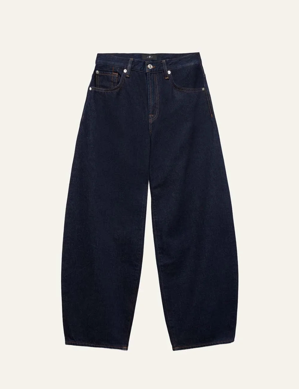 7 For All Mankind women dark wash mid-rise barrel-leg jeans with relaxed fit and contrast stitching