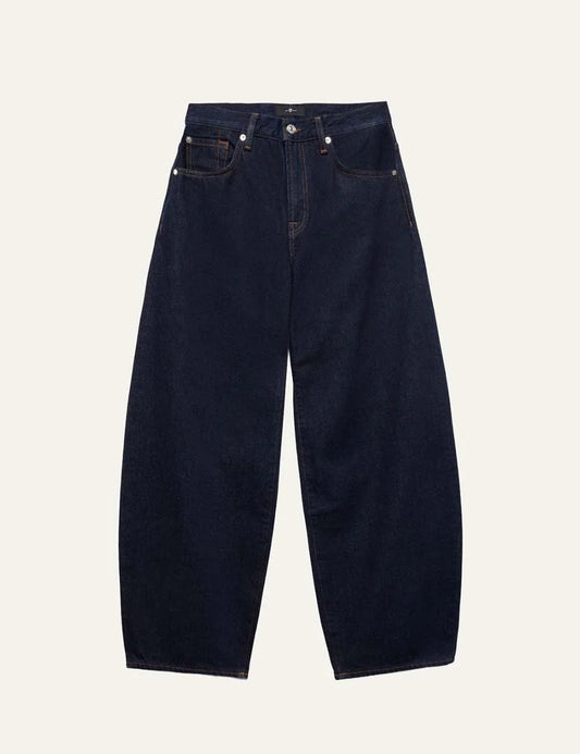 7 For All Mankind women dark wash mid-rise barrel-leg jeans with relaxed fit and contrast stitching