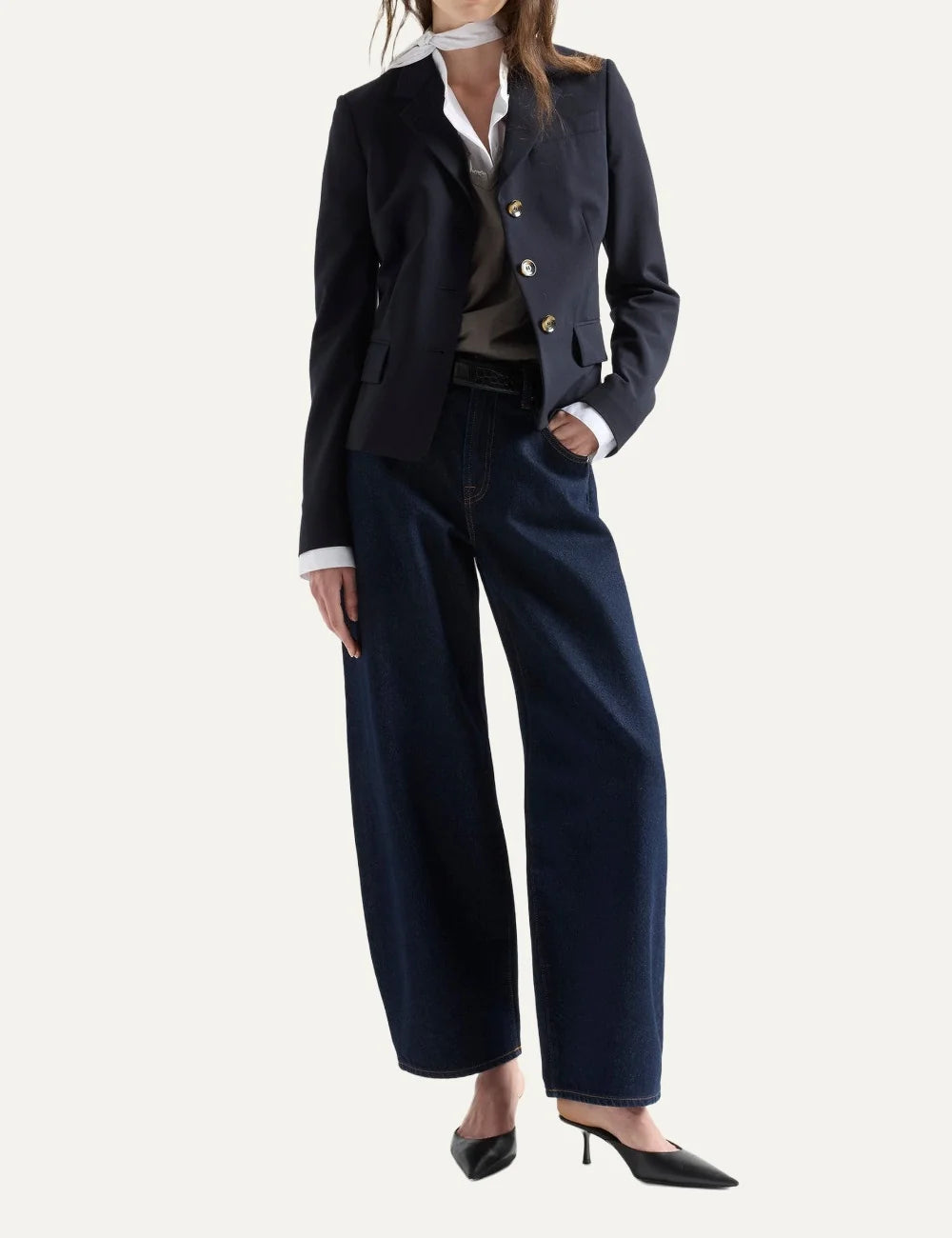 7 For All Mankind women dark wash mid-rise barrel-leg jeans with relaxed fit and contrast stitching full body