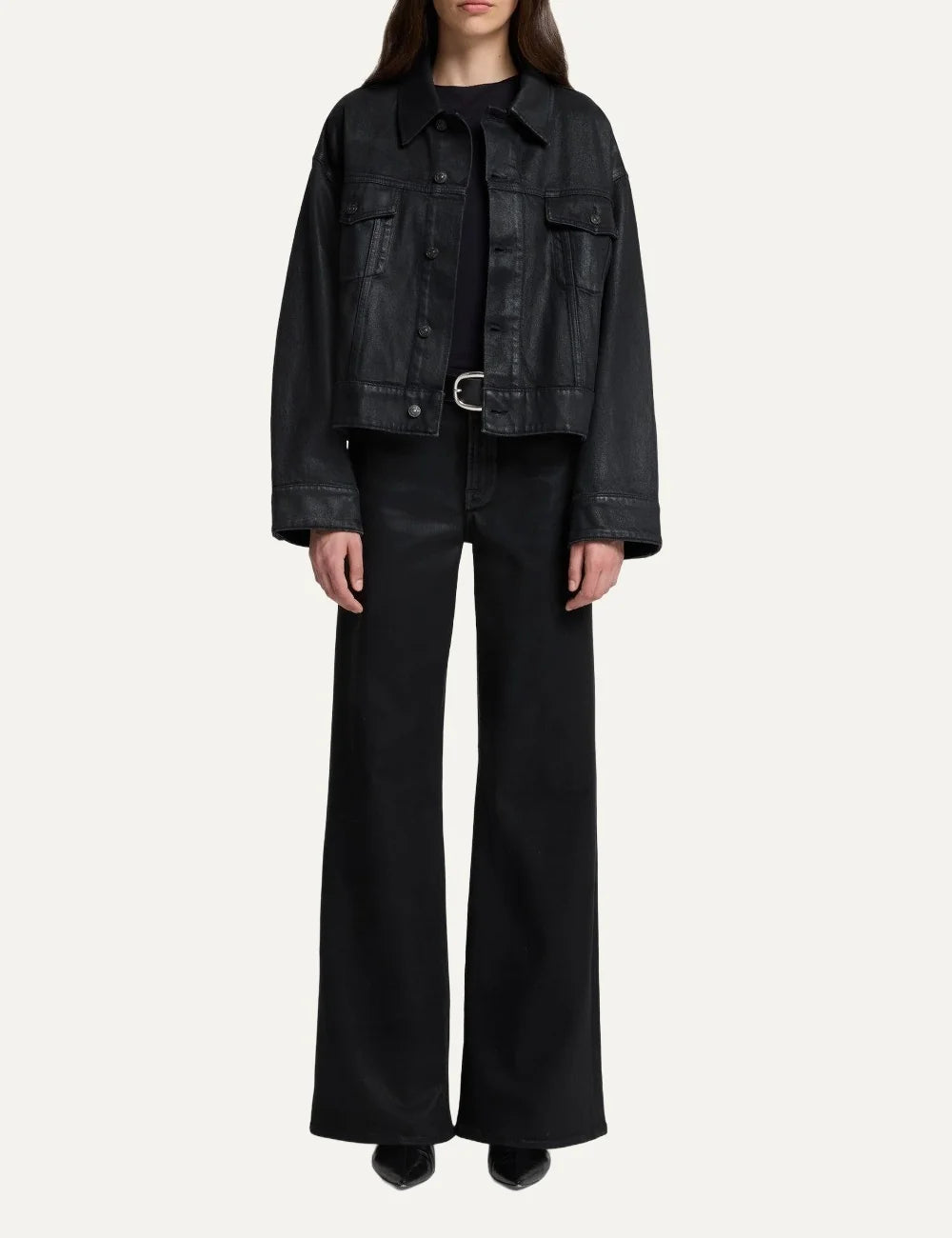 7 For All Mankind women black high-rise wide-leg coated jeans with leather-look finish full body