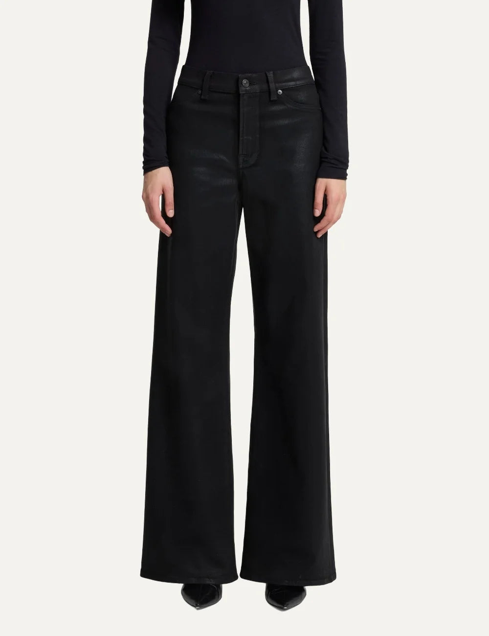 7 For All Mankind women black high-rise wide-leg coated jeans with leather-look finish model