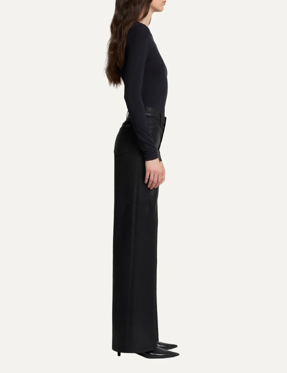 7 For All Mankind women black high-rise wide-leg coated jeans with leather-look finish side