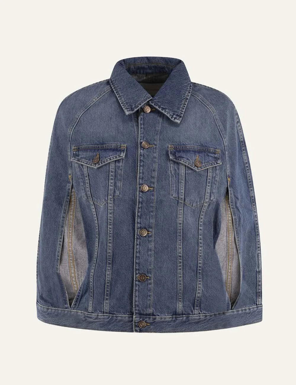 7 For All Mankind women dark wash denim cape jacket with pointed collar and chest flap pockets