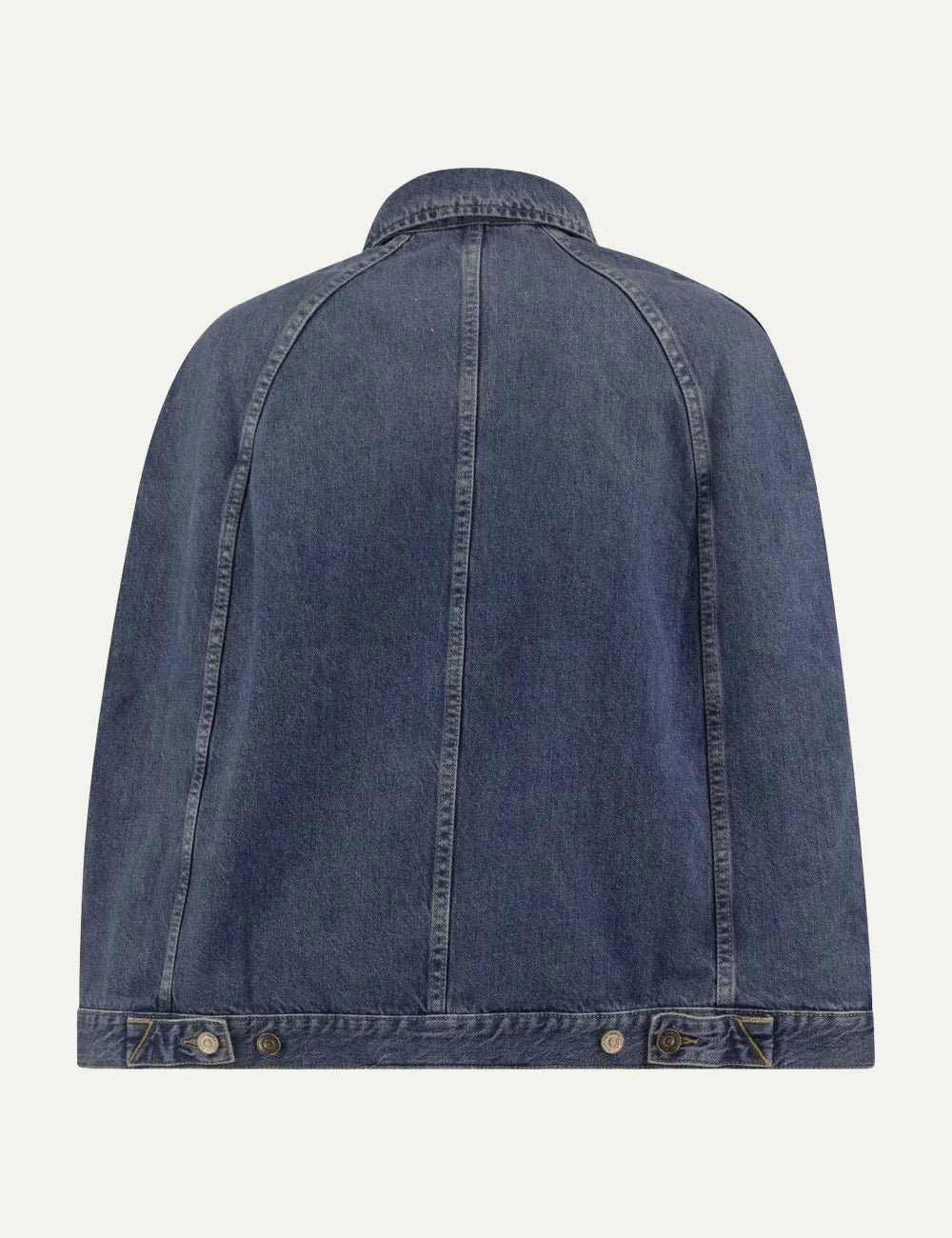 7 For All Mankind women dark wash denim cape jacket with pointed collar and chest flap pockets back