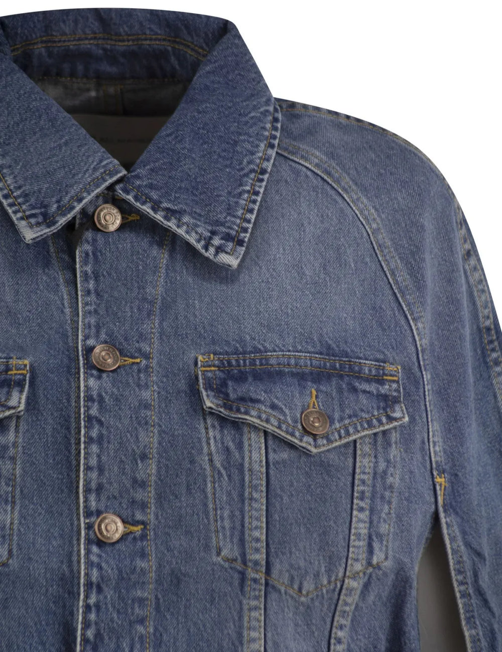 7 For All Mankind women dark wash denim cape jacket with pointed collar and chest flap pockets detail