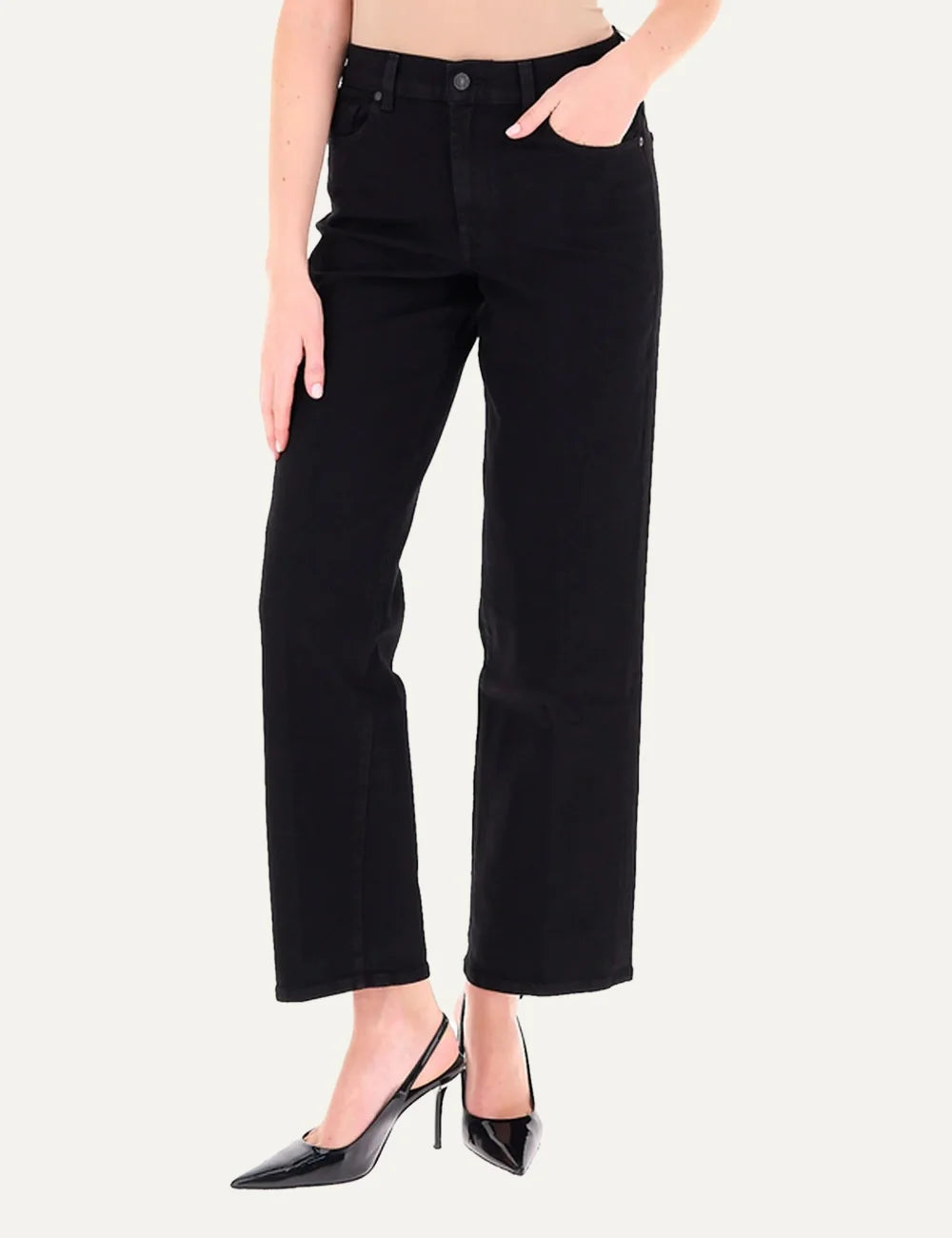 7 For All Mankind women black Stove Pipe straight-leg jeans with high-rise waist and cropped length