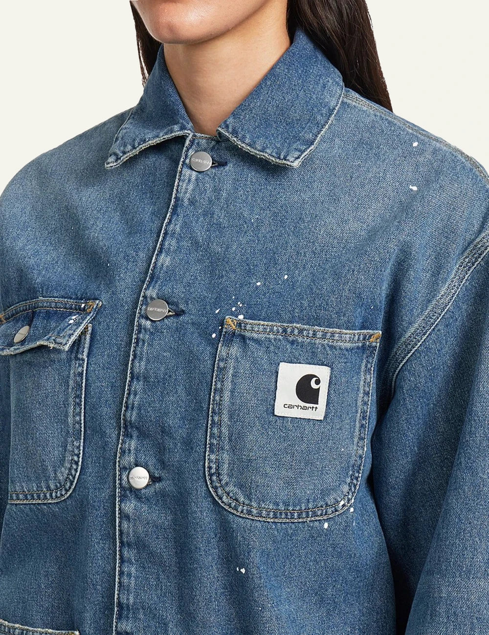 Carhartt WIP OG Michigan coat se blue washed denim me paint splatter side