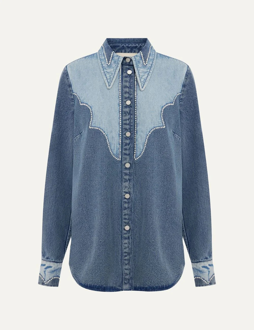 Alemais women's blue cotton denim patchwork shirt with embroidery