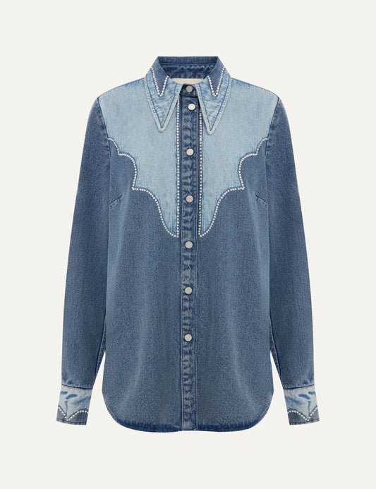 Alemais women's blue cotton denim patchwork shirt with embroidery