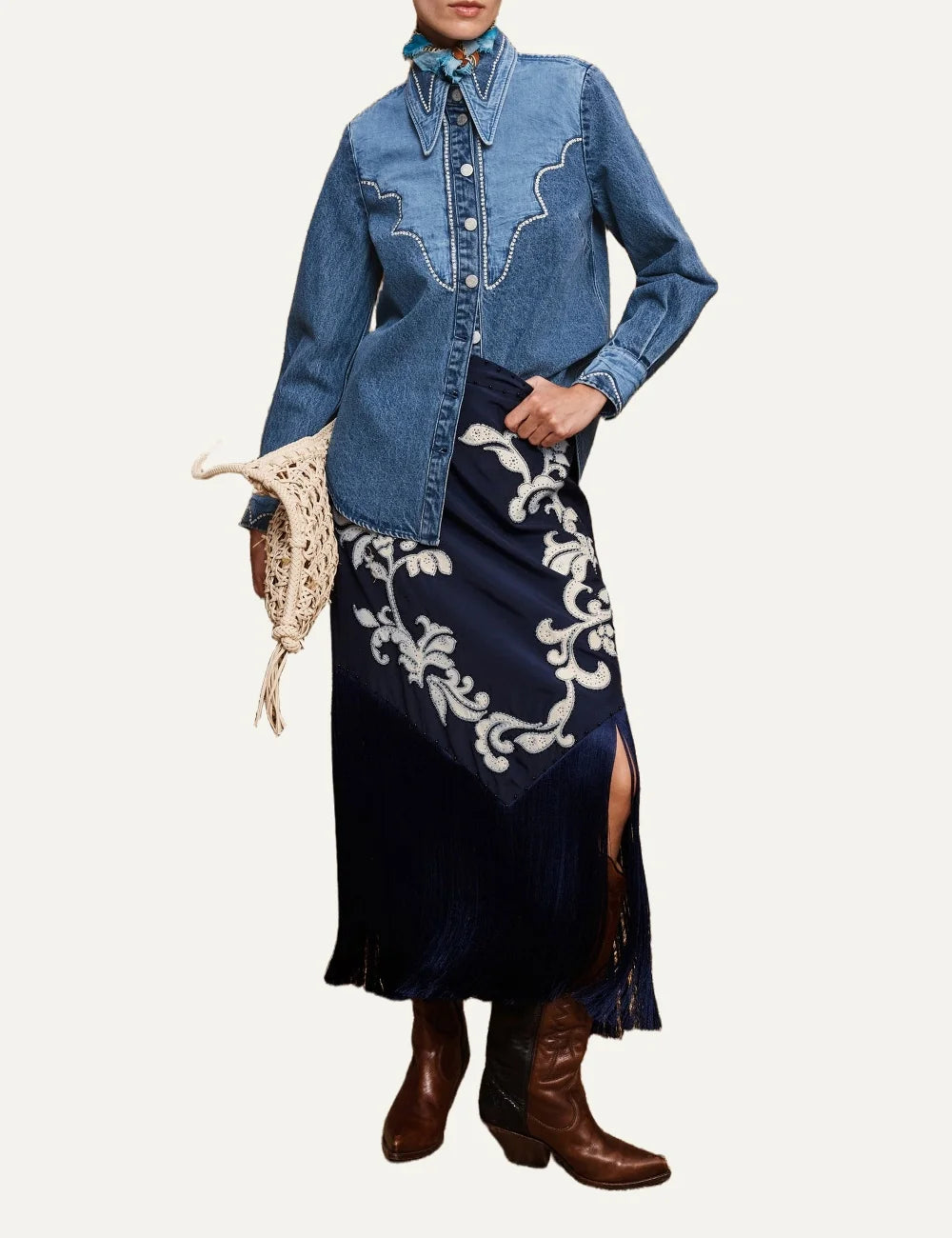 Alemais women's blue cotton denim patchwork shirt with embroidery full body