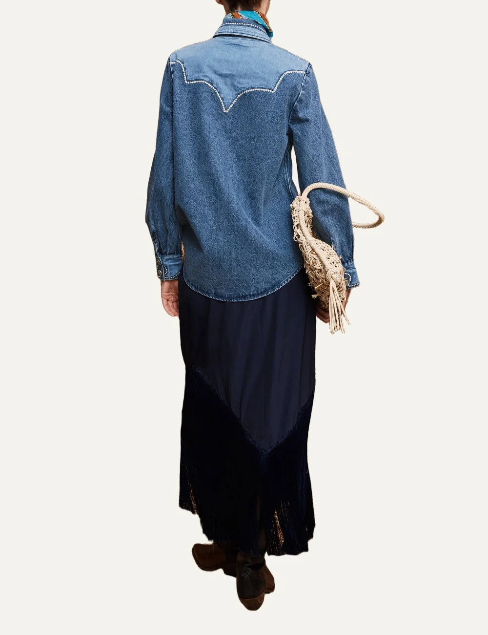 Alemais women's blue cotton denim patchwork shirt with embroidery back