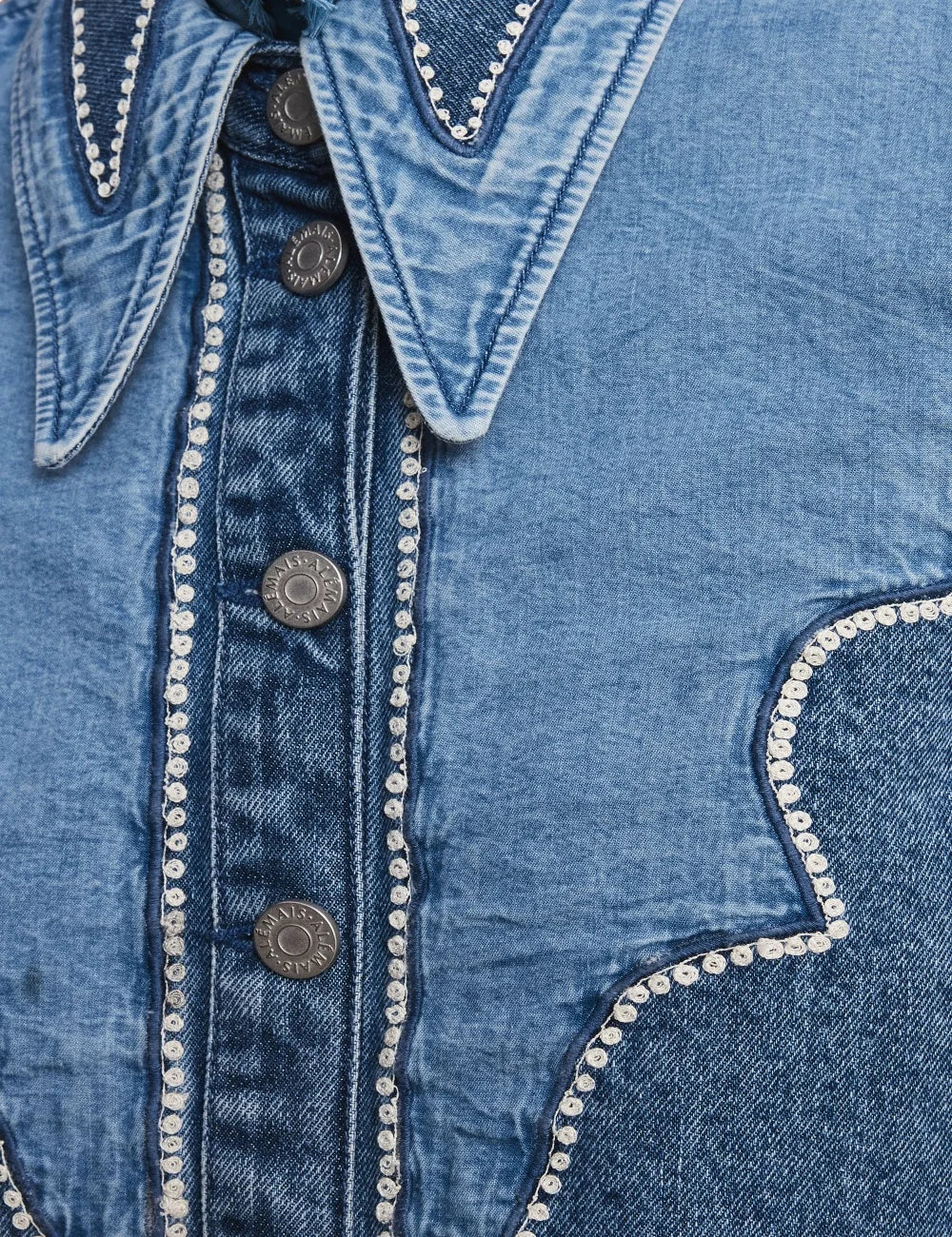 Alemais women's blue cotton denim patchwork shirt with embroidery detail