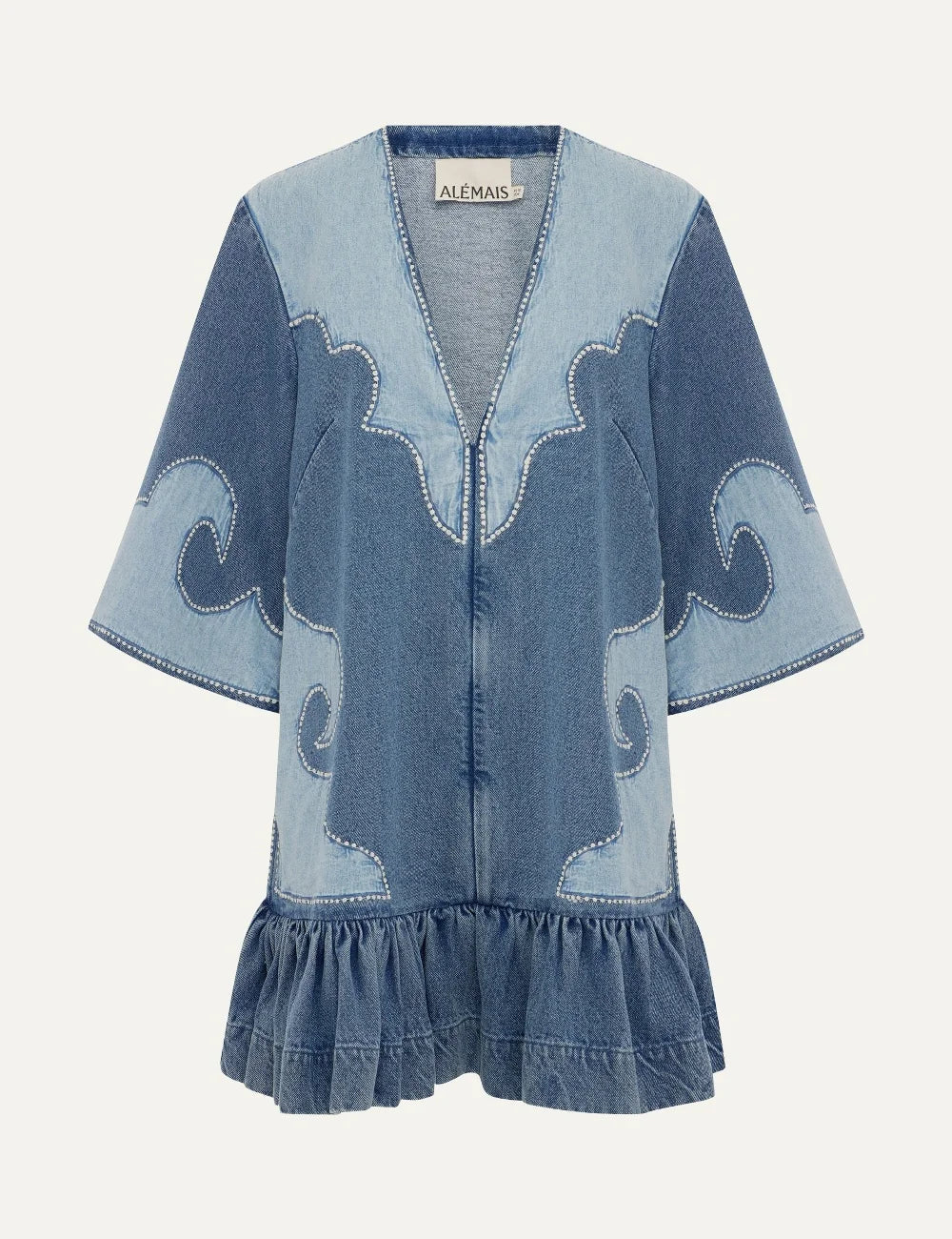 Alemais women's blue cotton denim patchwork mini dress with embroidery