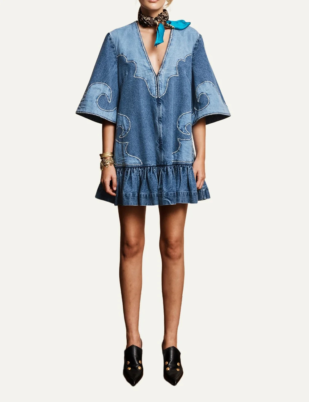 Alemais women's blue cotton denim patchwork mini dress with embroidery full body