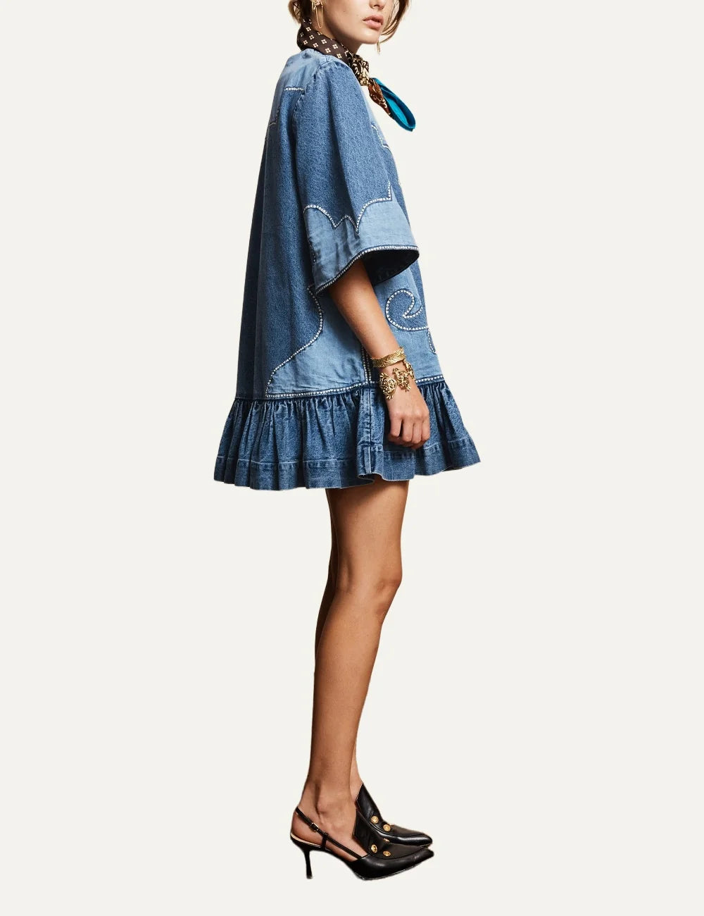 Alemais women's blue cotton denim patchwork mini dress with embroidery side