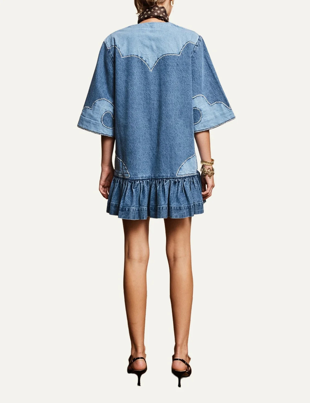 Alemais women's blue cotton denim patchwork mini dress with embroidery back