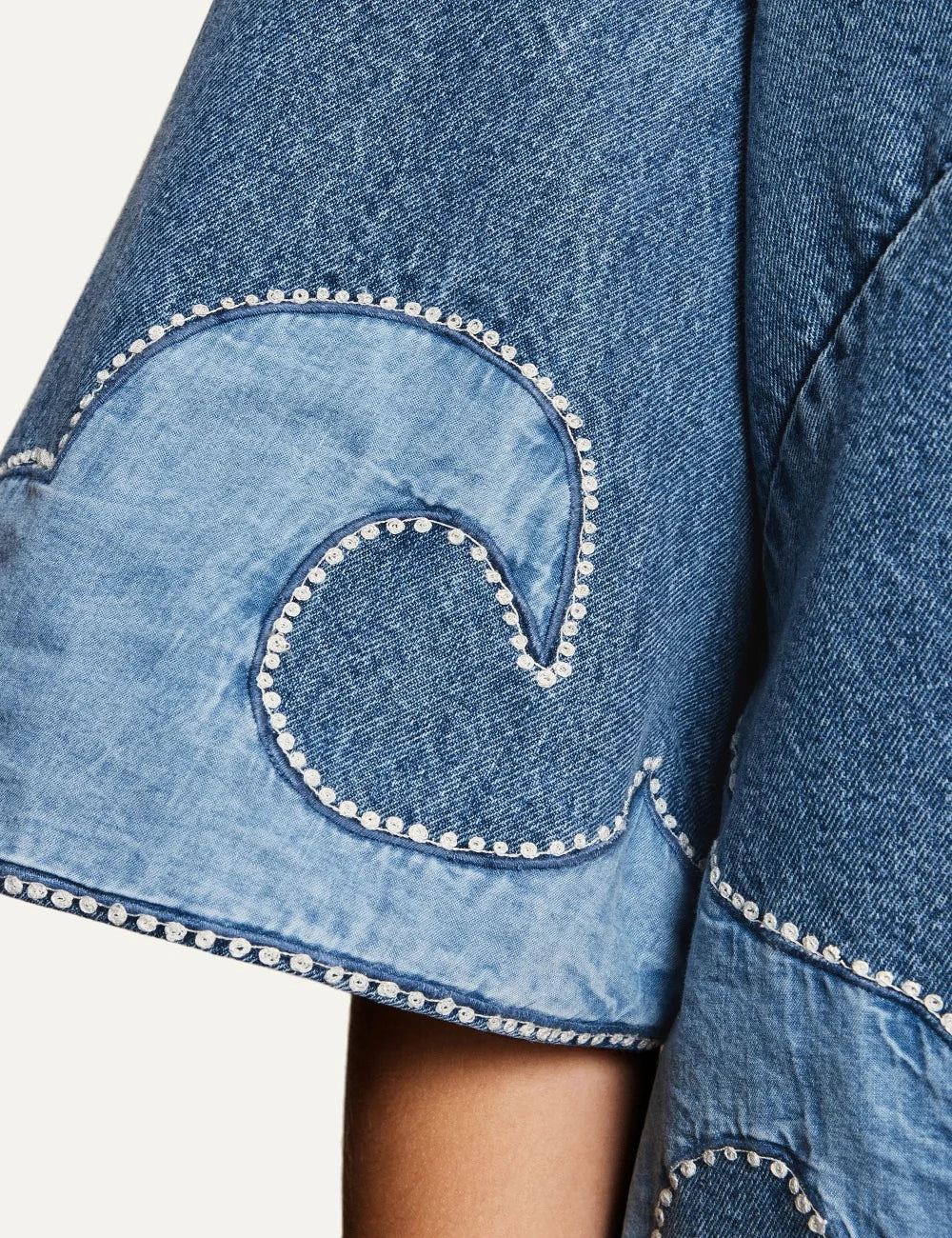 Alemais women's blue cotton denim patchwork mini dress with embroidery detail