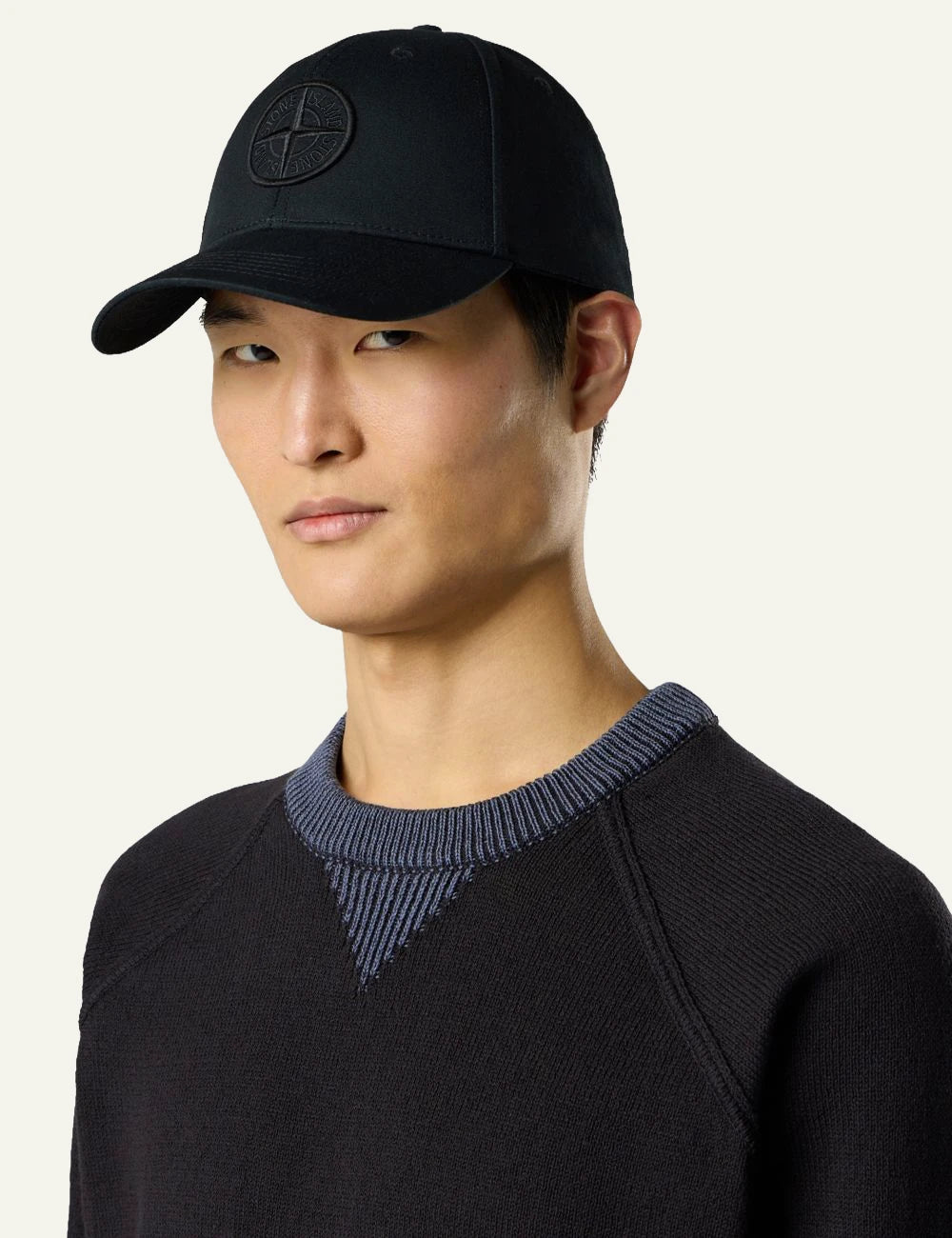 Men's Stone Island black cotton baseball cap with embroidered Compass logo full body