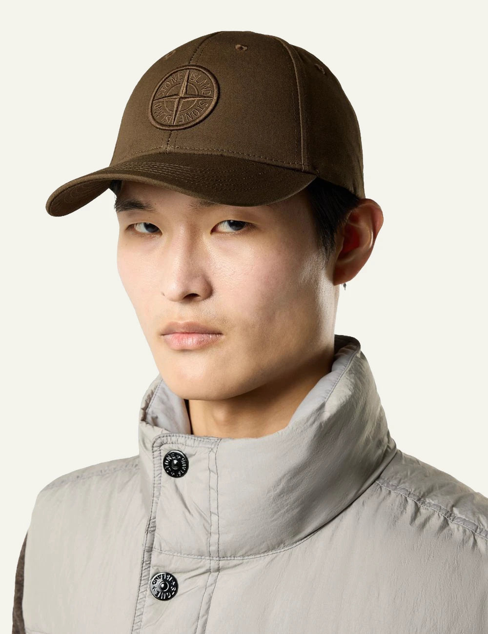 Men's Stone Island military green cotton baseball cap with embroidered Compass logo model