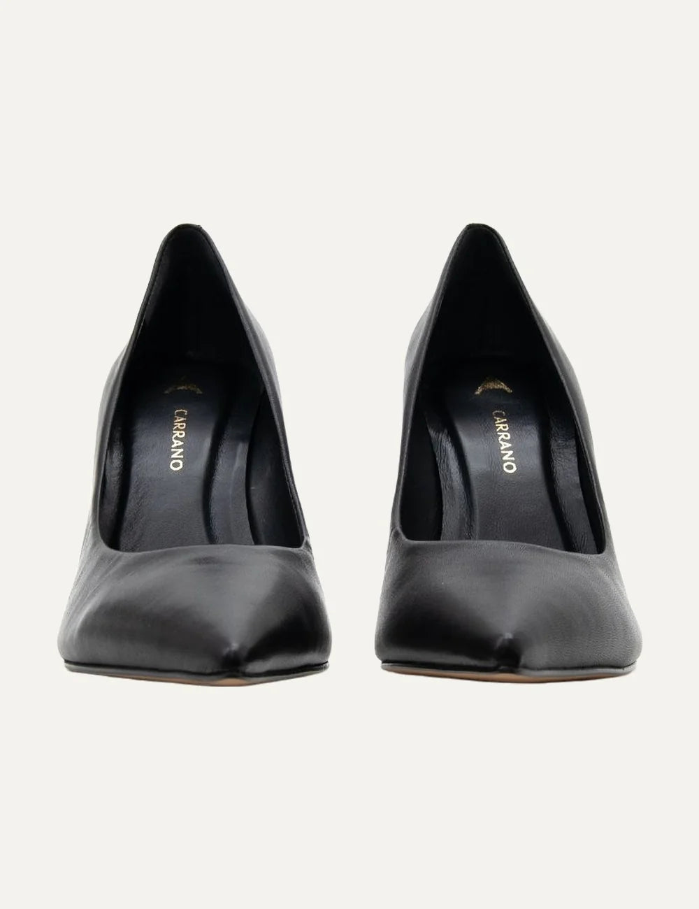 Carrano Women’s Black Leather Stiletto Pumps front view 