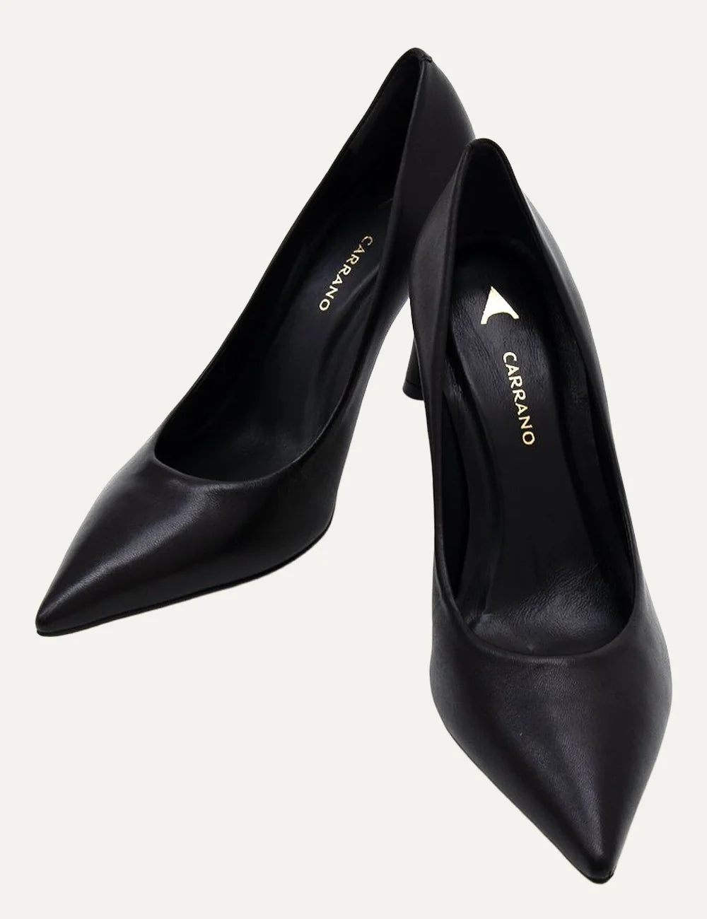 Carrano Women’s Black Leather Stiletto Pumps pair front view details